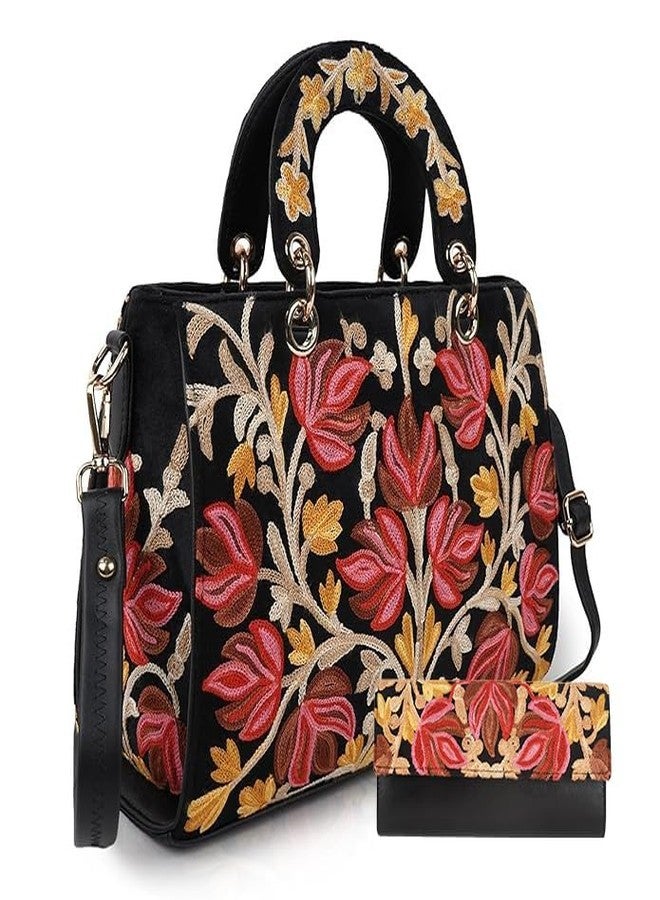 EVEDA Womens Floral Embroidered Black Handbag with Detachable Strap, 30 cm x 20 cm x 10 cm (Black) - Image 1